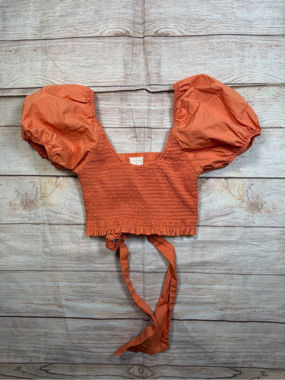 Altar'd‎ State Rust Orange Cottage Puff-Sleeve Smocked Tie-Back Crop Top